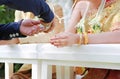 Hands pouring blessing water into bride`s bands, Thai wedding Royalty Free Stock Photo