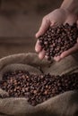 Hands pouring coffee beans to sack