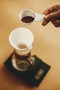 Hands pouring grounded coffee in filter pour over on glass kettle on scale. Preparing for alternative coffee brewing v60. Person Royalty Free Stock Photo