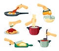 Hands prepare food set. Frying delicious scrambled eggs and whipping cream with mixer boiling pasta in water and