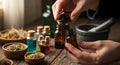 Hands Preparing Aromatherapy Oils with Essential Extracts for Holistic Wellness Royalty Free Stock Photo