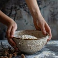 Hands preparing dough closeup, dough in a bowl on rustic kitchen table, hands making pizza, bread Royalty Free Stock Photo