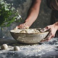 Hands preparing dough closeup, dough in a bowl on rustic kitchen table, hands making pizza, bread Royalty Free Stock Photo