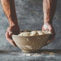 Hands preparing dough closeup, dough in a bowl on rustic kitchen table, hands making pizza, bread Royalty Free Stock Photo