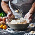 Hands preparing dough closeup, dough in a bowl on rustic kitchen table, hands making pizza, bread Royalty Free Stock Photo