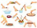 Hands preparing food, process of cooking pasta, meat, pizza, confectionery vector Illustration on a white background