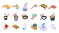 Hands preparing foods icons set, isometric style Royalty Free Stock Photo