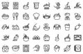 Hands preparing foods icons set, outline style