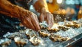 Hands Preparing Fresh Seafood at Market Stall Royalty Free Stock Photo