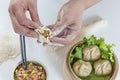 Hands preparing homemade dim-sum asian dumplings buns