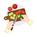 Hands Preparing Vegetable Salad Chopping Cucumber and Tomato on Cutting Board Above View Vector Illustration Royalty Free Stock Photo