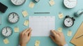 Hands Preparing a Weekly Planner with Time Slots Marked, Surrounded by Clocks and Sticky Notes, Ideal for Time Management and Royalty Free Stock Photo
