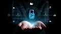 Hands Holding Digital Lock with Data Security Symbols and Technology Icons Representing Cybersecurity and Protection Royalty Free Stock Photo