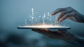 Hands presenting futuristic cityscape on tablet with glowing light effects, detailed, 4k resolution Royalty Free Stock Photo