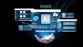 Hands Presenting Futuristic Artificial Intelligence Interface with Data Visualization and Technology Graphics in Dark Royalty Free Stock Photo