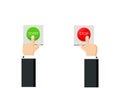 Hands press buttons. Flat illustration. Start and stop concept.