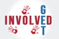 Hands print and heart social media get involved text logo
