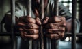 Hands of a prisoner on the bars of a jail cell. Crime and punishment