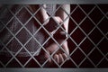 Hands of a prisoner behind steel bars in a prison cell