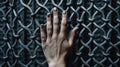 Hands of the prisoner on a steel lattice close up. Generative AI. Royalty Free Stock Photo