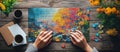 Hands of a Problem-Solver: Closeup View of Jigsaw Puzzle on Wooden Table with Coffee, Notepad, and Pen. Vibrant Colors,