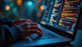 Hands of programmer coding late night on laptop. Digital code interface, data streams, glowing icons reflect tech-savvy, software Royalty Free Stock Photo