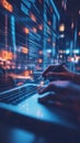 programmer hands typing coding screen digital interface blue glowing data futuristic technology software development