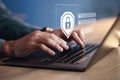 Hands, programmer on laptop and hologram for password login, cyber security software and code. IT, typing and developer Royalty Free Stock Photo