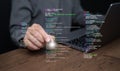 Hands of a programmer types on a laptop displaying programming code, symbolizing coding tech, software development, web Royalty Free Stock Photo