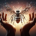 hands protect care steampunk bee important element of the ecology , save planet from climate change