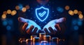 Hands Protect Digital Security Shield Icon With Checkmark Over Growing Stacks Of Coins Royalty Free Stock Photo