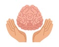 Hands protecting brain human mental health care icon