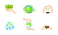 Hands Protecting Earth and Eco System Covering Green Sapling and Globe with Palms Vector Illustration Set. Royalty Free Stock Photo