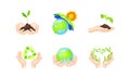 Hands Protecting Earth and Eco System Holding Tender Green Sapling and Globe with Palms Vector Illustration Set