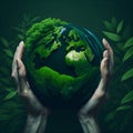 Hands protecting a globe of green tree on tropical nature. Earth Day concept. Generative Artificial Intelligence Royalty Free Stock Photo