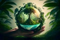 Hands protecting globe of green tree on tropical nature summer background, Ecology and Environment concept, Ai Generative Royalty Free Stock Photo