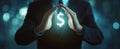 The hands protecting a glowing dollar symbol in a corporate setting. AI generated image Royalty Free Stock Photo