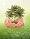 Hands protecting of green tree on green background, Ecology and Environment concept.