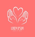 Hands protecting heart. Charity, donation vector logo or symbol