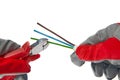 Hands in protective gloves with wire cutters and cable isolated on white background Royalty Free Stock Photo