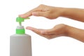 hands pushing pump plastic bottle isolated