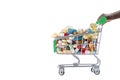 Hands pushing supermarket trolleys filled with pills