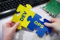 Hands put on keyboard sticker DevOps. DevOps Concept for software engineering culture and practice of software development and