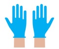 Hands putting on medical latex gloves icon. Symbol of protection against viruses. Vector illustration