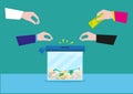 Hands putting money on a glass box or still bank container. Donation or bank savings concept. Editable Clip Art.