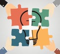 Hands putting piece into light bulb shaped puzzle. Idea, business, solution, creativity, genius concept. Flat style. vector illus Royalty Free Stock Photo