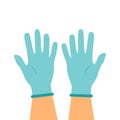 Hands putting on protective blue gloves. Latex gloves as a symbol of protection against viruses and bacteria. Precaution icon.