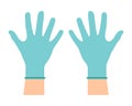Hands putting on protective blue gloves. Latex gloves as a symbol of protection against viruses and bacteria. Precaution icon.
