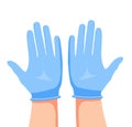 Hands putting on protective blue gloves. Latex gloves as a symbol of protection against viruses and bacteria. Precaution