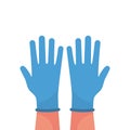 Hands putting on protective blue gloves vector